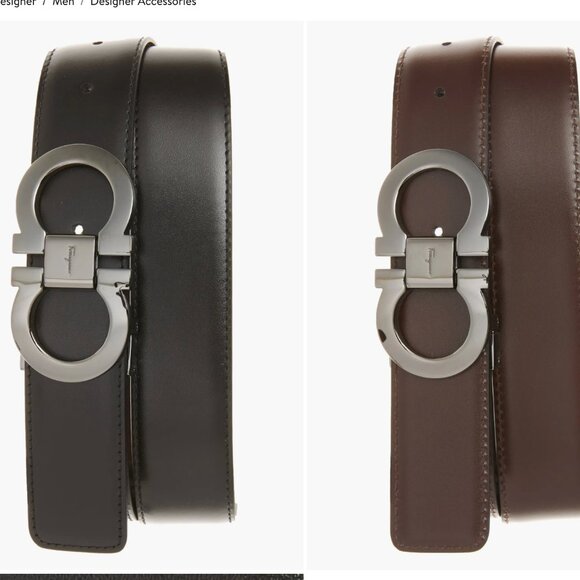 [Ferragamo] Men's Black/Brown Reversible Leather Belt - Picture 1 of 5